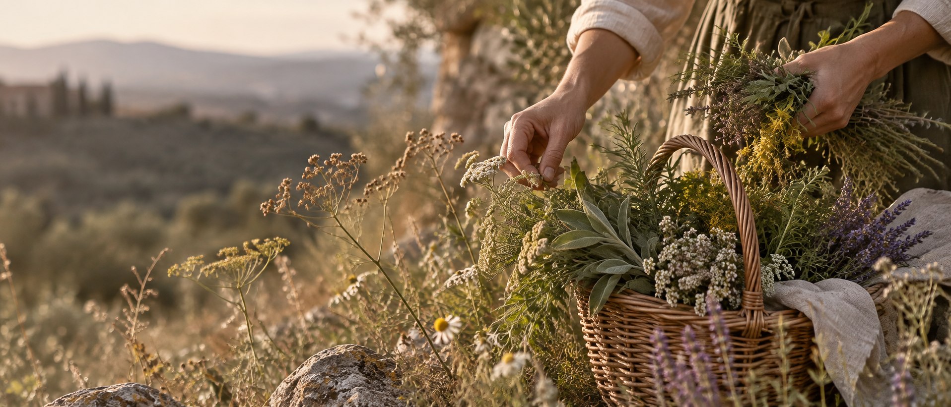 Una persona raccoglie erbe e fiori spontanei in un campo al tramonto, con un cesto di vimini pieno di erbe