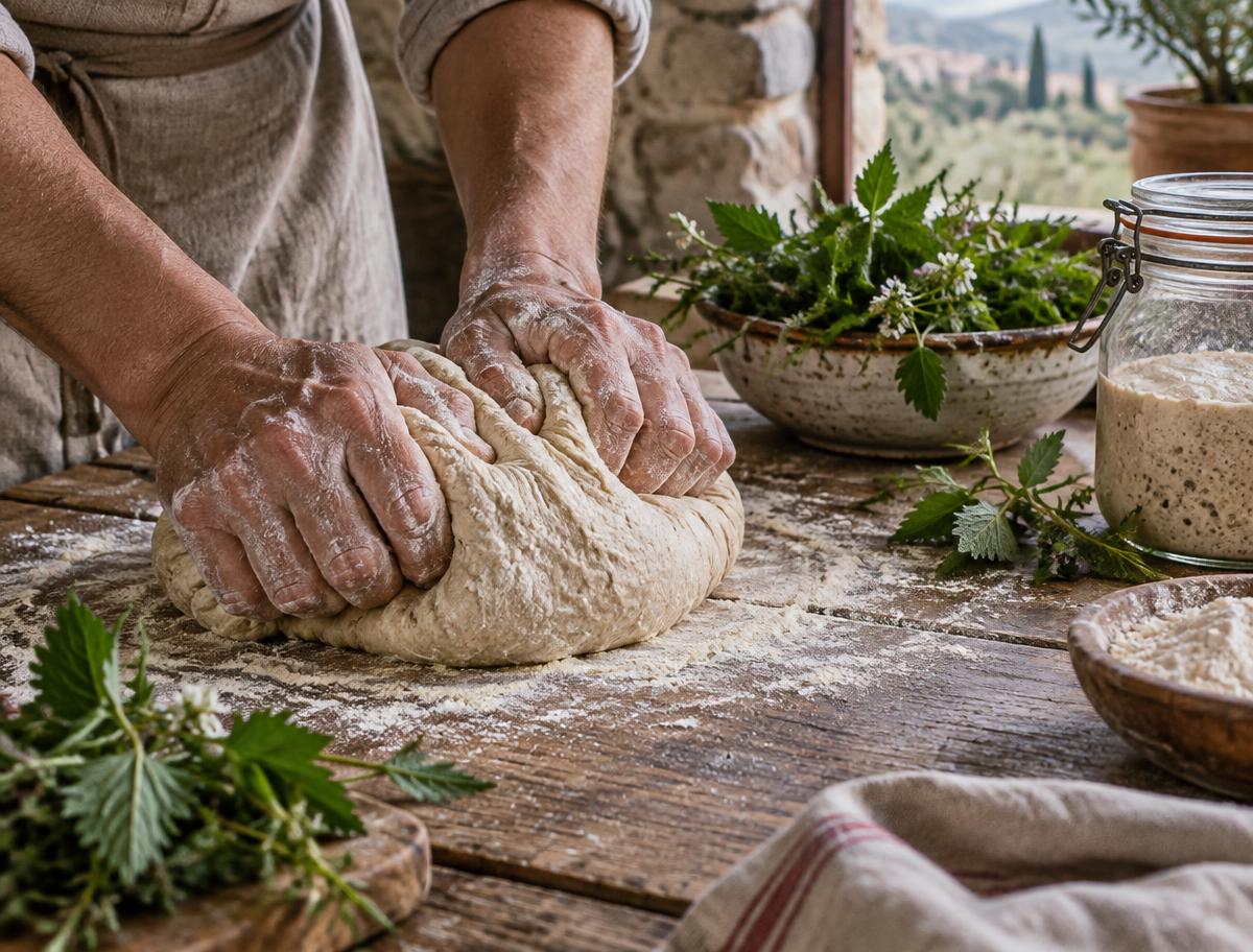 Mani infarinate che impastano il pane su una tavola di legno, con erbe e un barattolo di lievito madre